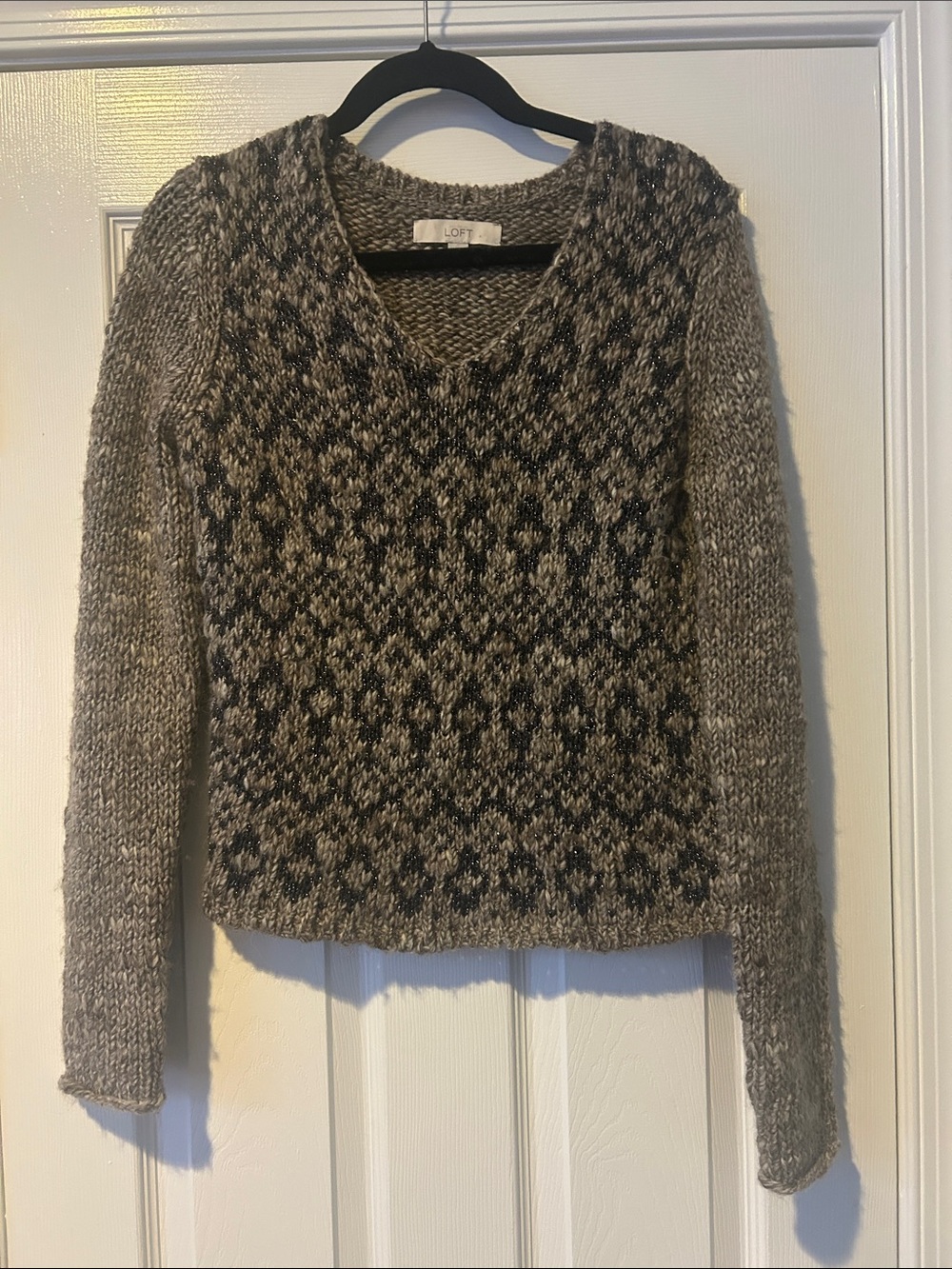 LOFT Gray Fair Isle V-Neck Sweater